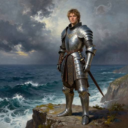Digital painting of a blond, blue-eyed knight in shiny silver armor standing on a rocky cliff, holding a sword, with turbulent ocean waves and stormy