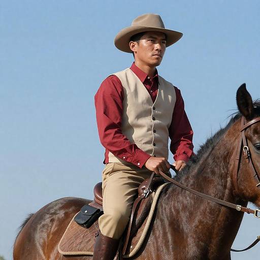 Man Riding Dark Brown Horse in Western Attire