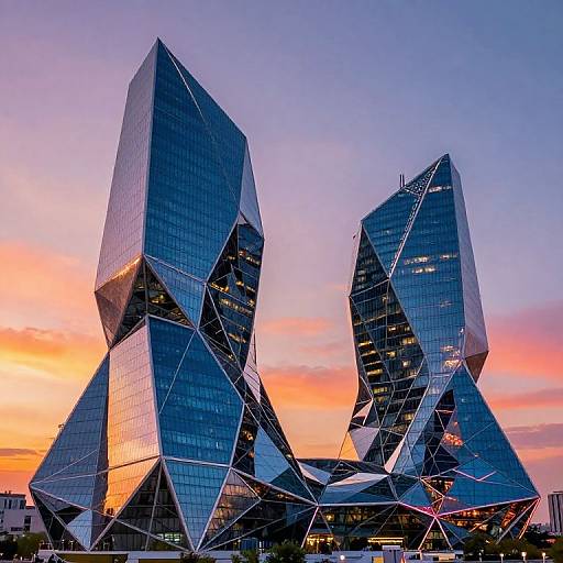 Photograph of two futuristic, geometric glass skyscrapers with reflective blue-tinted facades, set against a vibrant sunset sky with orange and purple