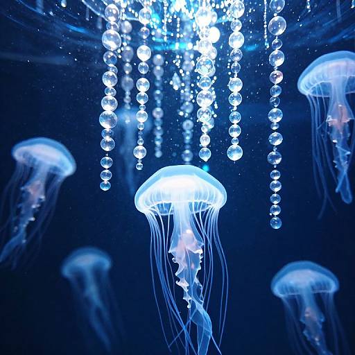 Photograph of glowing blue jellyfish with translucent, flowing tentacles, surrounded by cascading strings of clear bubbles in a dark, underwater-like setting.