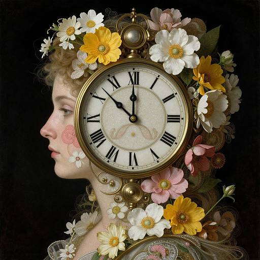 Photograph-style digital artwork of a woman's profile with a vintage clock adorned with colorful flowers on her head, black background.
