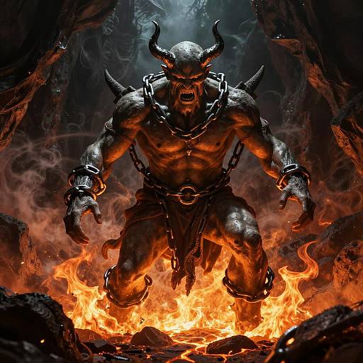 Digital artwork of a muscular, horned demon with glowing red eyes, chains, and dark loincloth, kneeling in fiery lava, surrounded by smoke