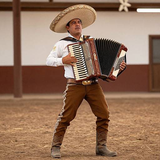 Photograph of a male mariachi musician in traditional attire, playing an accordion, wearing a large sombrero, brown pants, white shirt, and brown