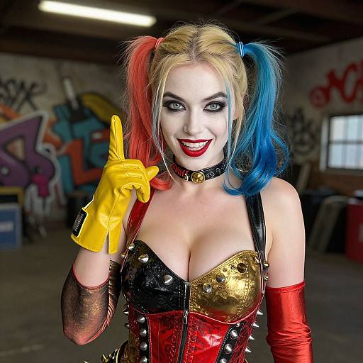 Photograph of Harley Quinn in a colorful, tight corset with gold and red sections, yellow gloves, blue and red pigtails, smiling with