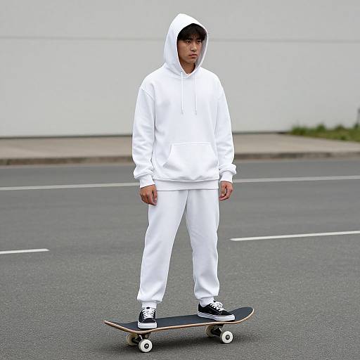 Photograph of a young Asian boy in a white hoodie and pants, standing on a skateboard in an empty, asphalt parking lot.