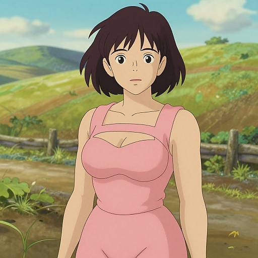 Digital anime-style drawing of a shy, brown-haired woman in a pink dress, standing in a sunlit, grassy countryside with hills and a wooden