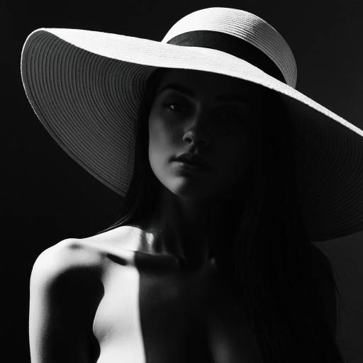 Black and White Portrait of Woman in Wide-Brimmed Hat