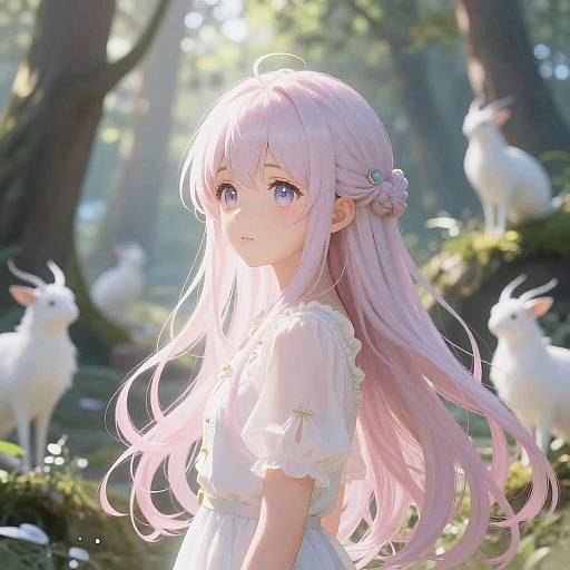 Anime-style digital artwork: Pale pink-haired girl with large, violet eyes, wearing a white dress, surrounded by white rabbits in a sunlit forest.