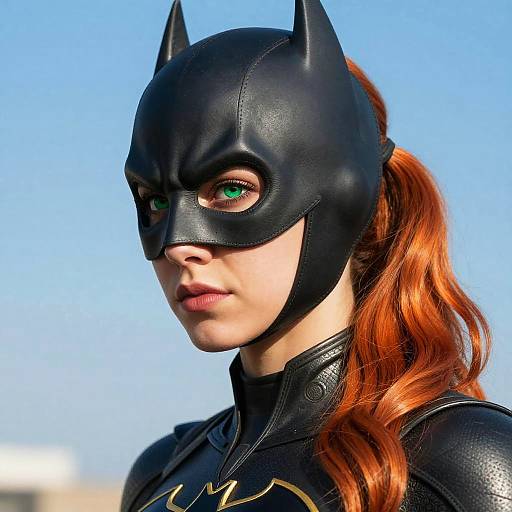 Photorealistic image of a fair-skinned woman with green eyes, red hair in a ponytail, wearing a black Batman mask and leather suit,