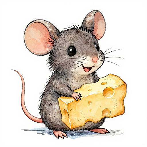 Cute, gray cartoon mouse with pink ears and nose, holding a large, yellow Swiss cheese wedge, smiling against a white background. Digital illustration.