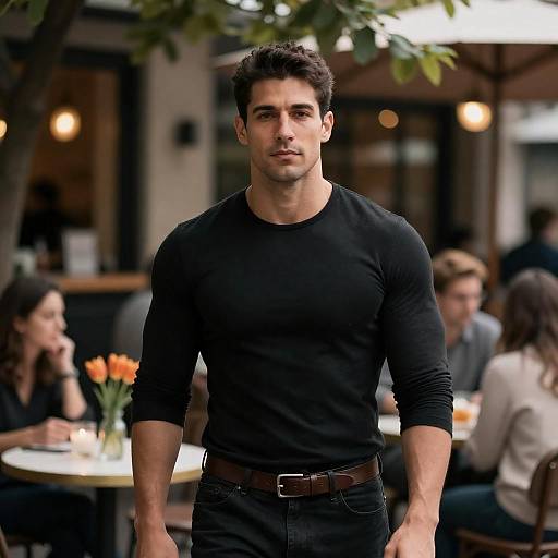 Muscular Man in Café Setting