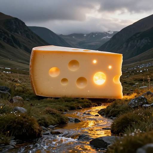 Photograph of a giant Swiss cheese wedge with holes, glowing warmly, in a rugged mountainous stream valley at sunset.