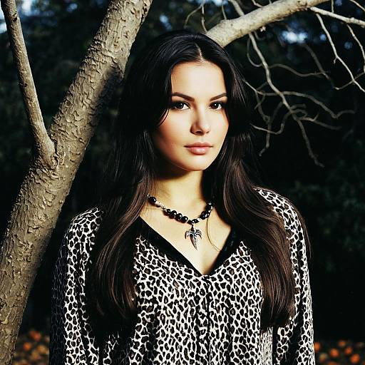 Woman in Leopard Print Dress with Necklace Outdoors