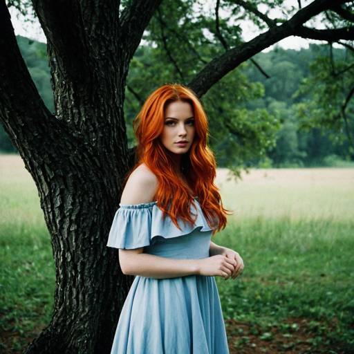 Woman in Light Blue Dress with Orange Hair Outdoors Woman in Light Blue Dress with Orange Hair Outdoors