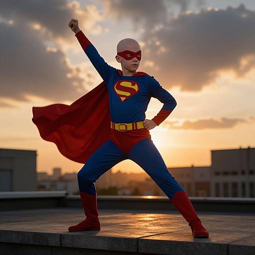Photograph of a bald, white male superhero in blue and red costume with 