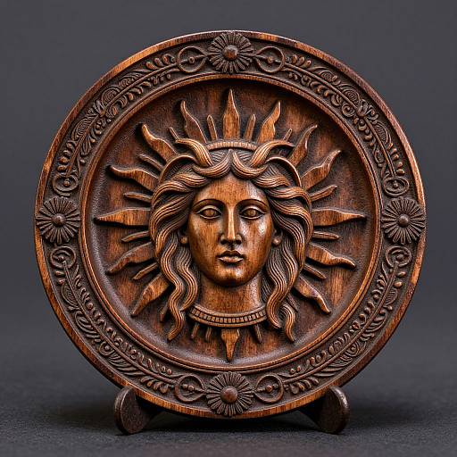 Intricate wooden sun face medallion with detailed sun rays, floral border, and raised features, standing on three legs, against dark background.