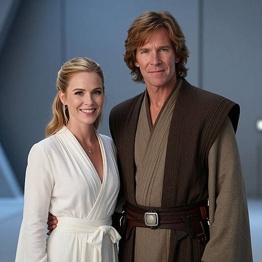 Photograph of a smiling blonde woman in a white wrap dress and a brown-haired man in a brown Jedi robe, standing closely together against a blue,