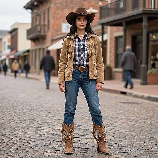 Photograph of a young woman in a brown cowboy hat, tan fringed jacket, blue jeans, and brown fringe boots, standing confidently on a cob