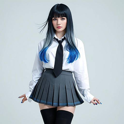 Photograph of a young woman with long black and blue ombre hair, wearing a white shirt, black tie, black pleated skirt, and