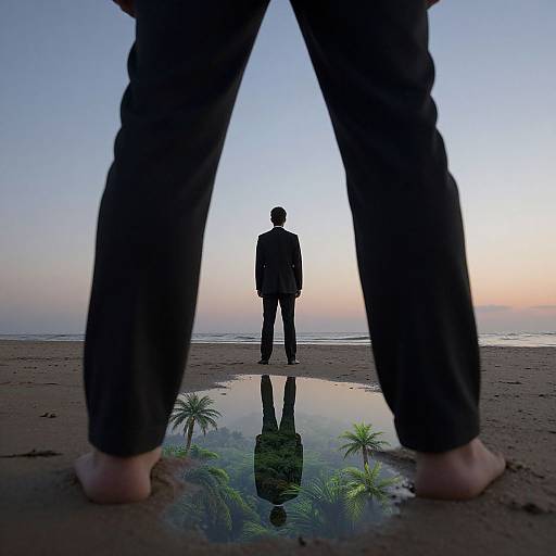 Photograph of a silhouetted man standing in the sand, reflected in a puddle, framed by legs in black pants and bare feet,