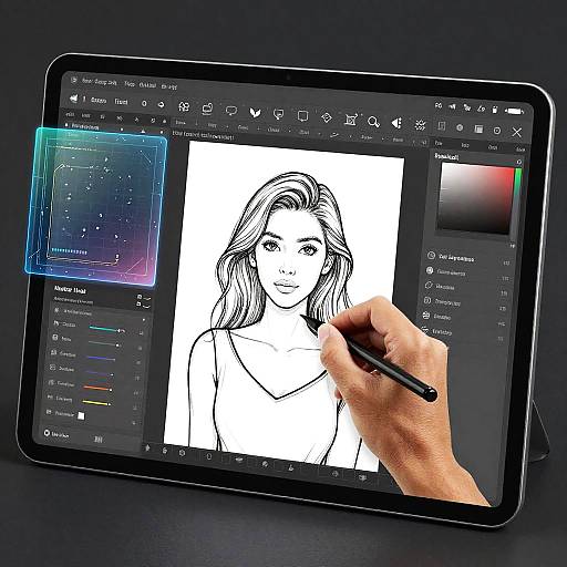 Hand drawing a black-and-white portrait on a digital tablet with stylus in Procreate app, featuring a woman with wavy hair.