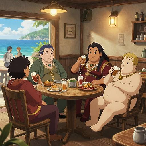 Digital anime-style illustration of five diverse, anthropomorphic characters enjoying a meal in a cozy, seaside café, with a sunny ocean view outside.