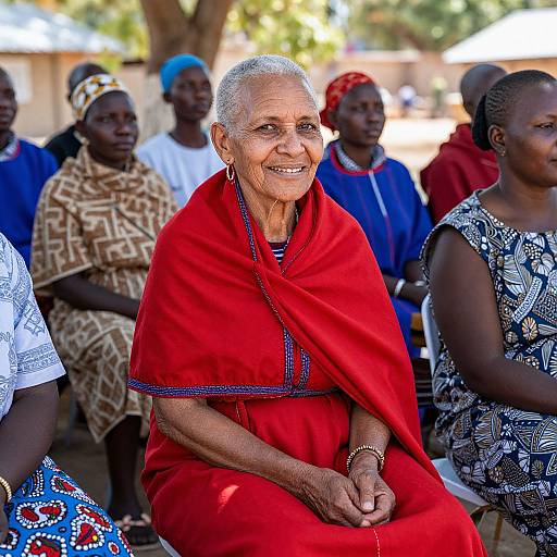 Photograph of elderly African woman in vibrant red traditional robe, smiling, seated among other culturally dressed individuals outdoors.