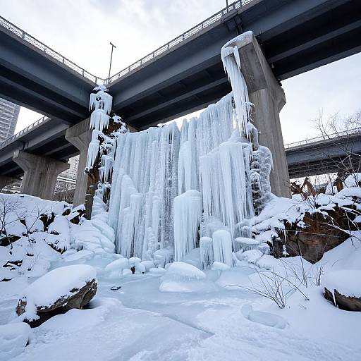 Photograph of a frozen waterfall under an elevated urban highway, with thick icicles hanging from concrete pillars, surrounded by snow-covered rocks and sparse, leaf