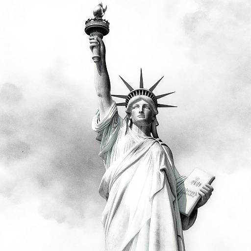 Monochromatic photograph of the Statue of Liberty, with her raised torch and crown, set against a cloudy white sky.