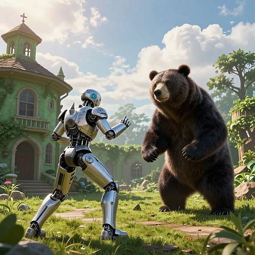 Photorealistic CGI: A silver robot stands on grass facing a large brown bear in a sunlit, lush garden with a green, castle-like building