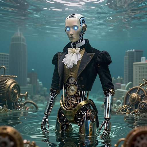 Steampunk robot with glowing blue eyes, white bowtie, black coat, and intricate gears, standing in water with cityscape background.