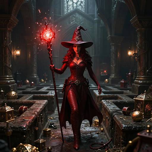 Red Witch Exploring Dungeon Labyrinth