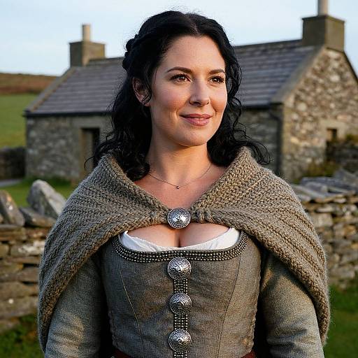 Photorealistic CGI of a smiling woman with dark curly hair, wearing a brown woolen cloak over a gray medieval-style dress with white lace and silver