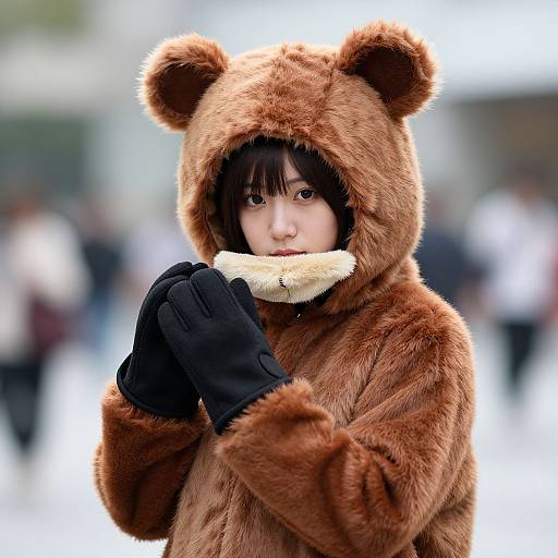 Photograph of an East Asian person in a brown bear costume with black gloves, holding a white bear-shaped object, blurred city background.