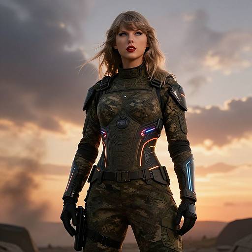 Digital artwork of a confident woman with wavy blonde hair, wearing a dark, camo-patterned, futuristic military suit, standing against a dramatic sunset