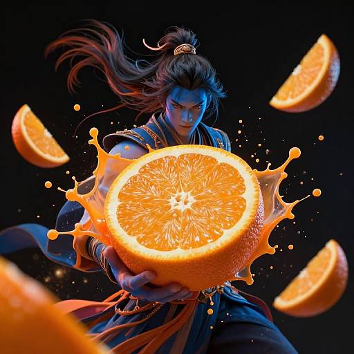 Digital art of a fierce warrior with blue-tinted skin, long brown hair in a topknot, holding a glowing, orange, splashing