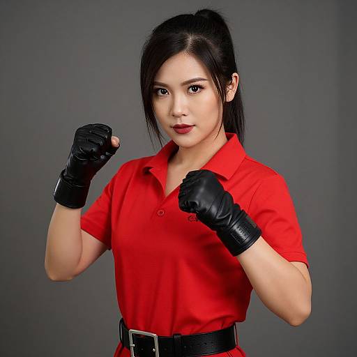 Photograph of an Asian woman with black hair in a ponytail, wearing a red polo shirt, black gloves, and belt, striking a boxing pose