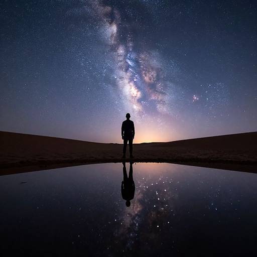 Silhouetted figure stands in desert, gazing at Milky Way reflected in water pool, under starry night sky. Photographic image.