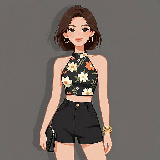 Digital anime-style drawing of a smiling young woman with shoulder-length brown hair, wearing a floral halter top, black high-waist shorts, gold