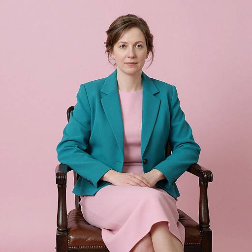 Photograph of a Caucasian woman with brown hair in a pink dress and teal blazer, sitting on a dark wooden chair against a pink background, hands