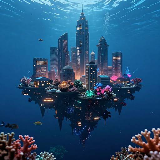 Underwater digital artwork of a neon-lit, futuristic cityscape floating amidst vibrant coral reefs, illuminated skyscrapers, and small fish swimming.