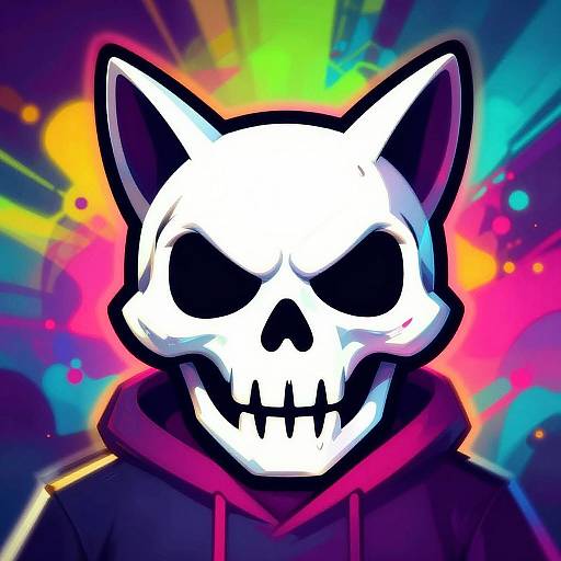 Bright digital artwork of a white skull with black eye sockets and cat ears, wearing a red hoodie, against a colorful, neon splatter background.