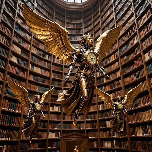 Photograph of three golden winged statues with clock faces, Roman armor, and flowing cloaks in a vast, circular library with towering bookshelves