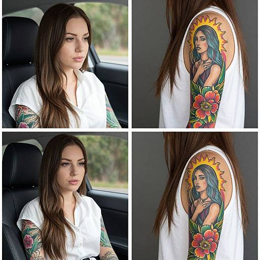 Photograph collage: Dark-haired woman in white shirt, tattoos visible, sitting in car. Right side shows close-up of her colorful tattoo on upper arm