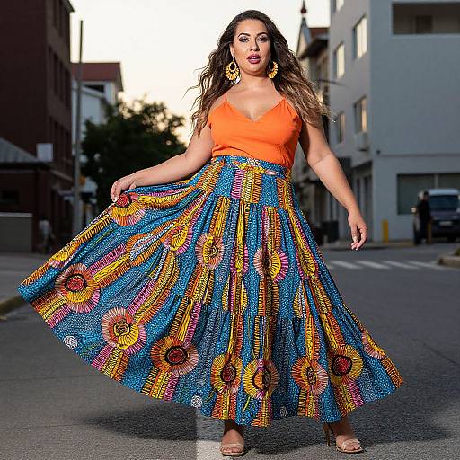 Photograph of a Latina woman with long brown hair, wearing an orange top and colorful, patterned, high-waisted skirt, posing confidently on