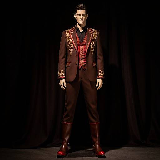 Photograph of a male mannequin in a black suit with red and gold embroidery, red vest, black shirt, and red boots, standing against
