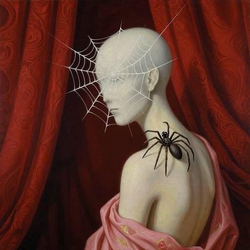 Digital artwork of a pale, bald human figure with a spider on the shoulder and a spiderweb over the eye, draped in pink cloth against red,