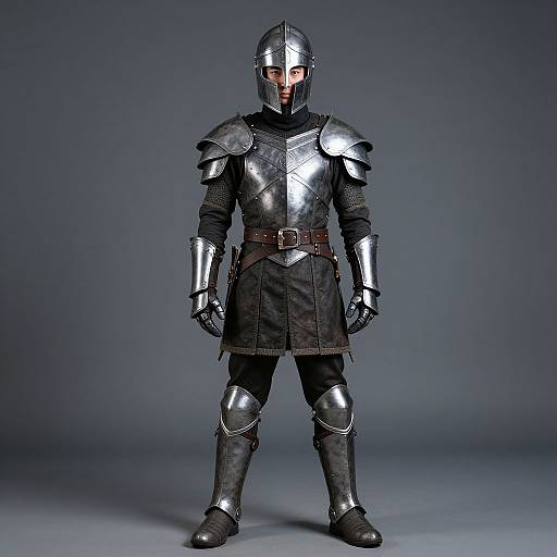 Photorealistic CGI of a medieval knight in full silver armor with a black tunic, brown belt, and helmet, standing against a gradient gray background