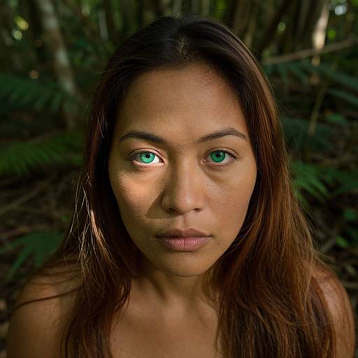 Photograph of a young woman with long brown hair, green eyes, and tan skin, standing in a dense, dark forest. Her expression is serious