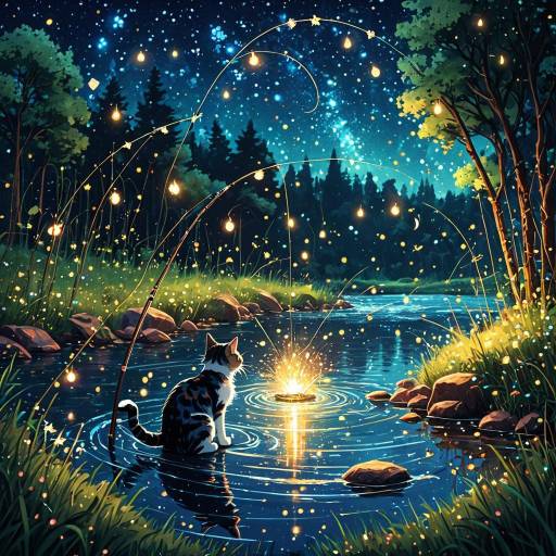 Enchanting Anime Cat Fishing Under Stars Enchanting Anime Cat Fishing Under Stars